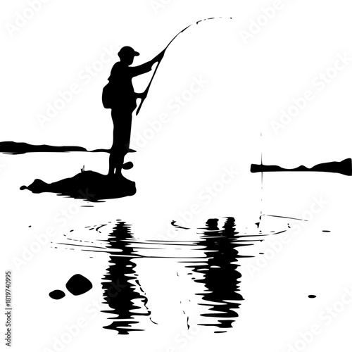 Silhouette of a fisherman with a fishing rod on a rock in water