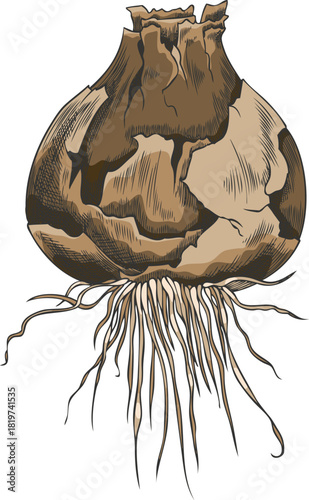 Bulb of hyacinth flower with shell and roots vector sketch, hand drawn brown spring blossom plant tuber botanical design