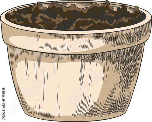 Clay pot with soil for house plants sketch vector icon, hand drawn flowerpot, round vase, Beige ceramic garden container
