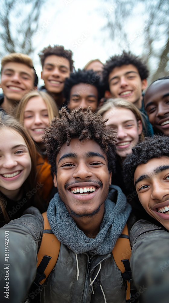 Fototapeta premium A diverse group of young friends is happily smiling and posing for a cheerful outdoor group selfie together.