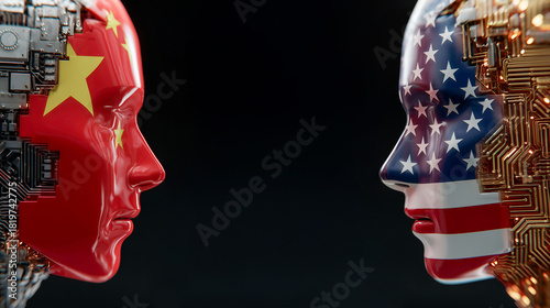 China US AI Competition Tech War Geopolitics Technology Rivalry Artificial Intelligence Superpower Conflict Circuit Board Brain