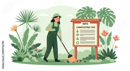 Illustration of woman composting leaves with a broom next to a signage