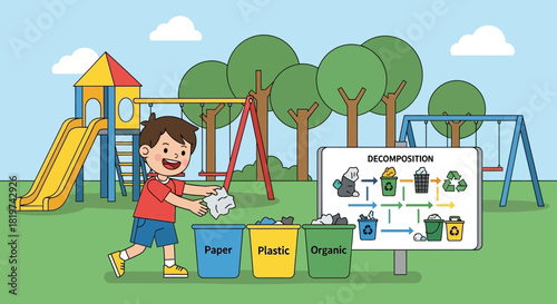 Educational illustration of a child recycling waste at a playground setting