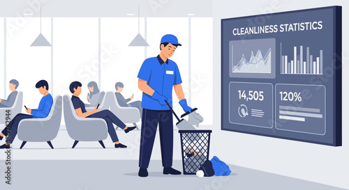 Depiction of a conscientious custodian enhancing cleanliness in a busy waiting area