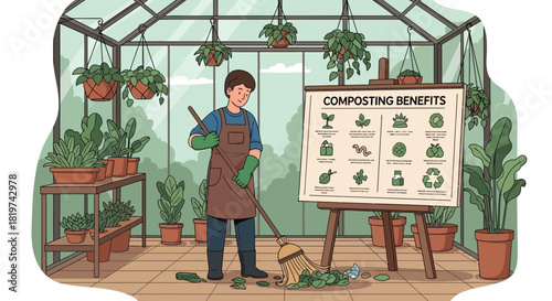 Illustration of gardener sweeping in a greenhouse with composting information