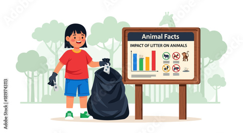 Illustration of a child cleaning up litter in a forest, showcasing impact on animals