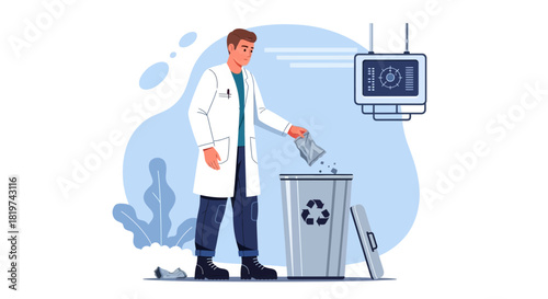 Scientist discards waste in a recycling bin, promoting environmental responsibility