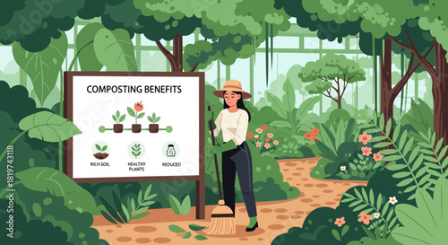 Illustration presenting composting benefits in an ecological garden scene