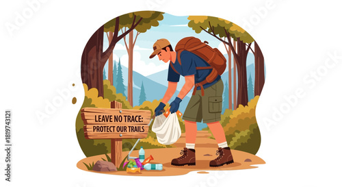 Conscientious hiker cleans up trail, embodying 'leave no trace' ethics