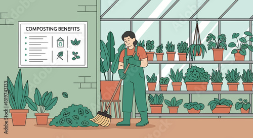 Illustration of a person tidying a greenhouse with a broom for composting benefits