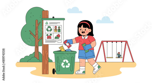 Illustrative scene showcasing a girl engaged in recycling activities outdoors