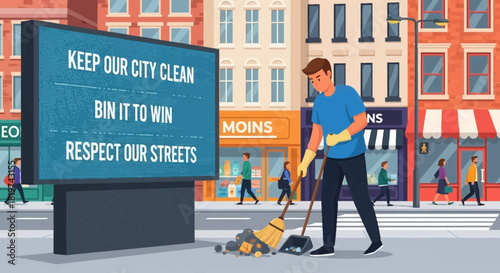 Man Cleaning City Streets with Billboard Advocating for Cleanliness Campaign