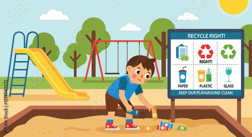 Illustration depicting a child participating in playground cleanup effort emphasizing recycling