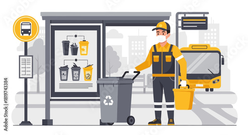 Depiction of sanitation worker collecting recyclable materials at bus stop