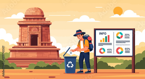 Responsible tourist discarding waste near monument, supporting sustainable environment