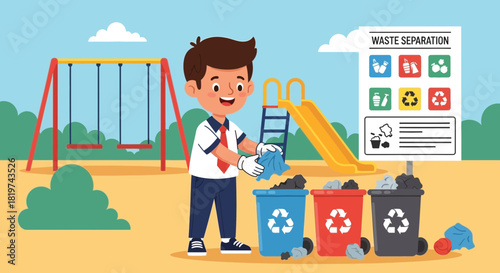 Enthusiastic Young Eco-Warrior Separating Waste at a Playground for a Cleaner Earth