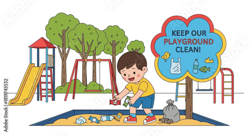 Responsible young boy diligently cleans up litter in colorful playground