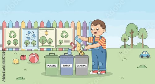 A happy child diligently sorting different waste materials into appropriate recycling bins