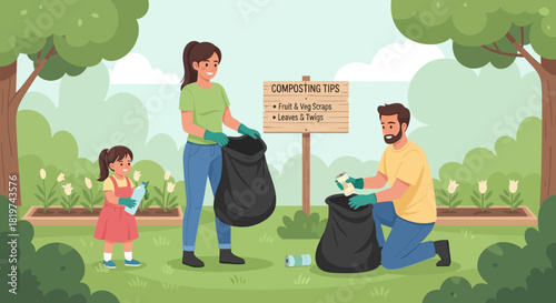 Family contributing to environment cleaning the park and collecting waste materials