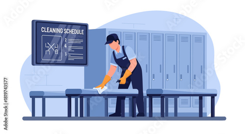 Man diligently cleaning locker room benches following posted schedule
