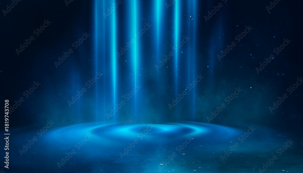 Obraz premium Dark night scene over water, fog over dark ocean water, dark surface, neon light, reflections on the water. Fantasy night water scene.