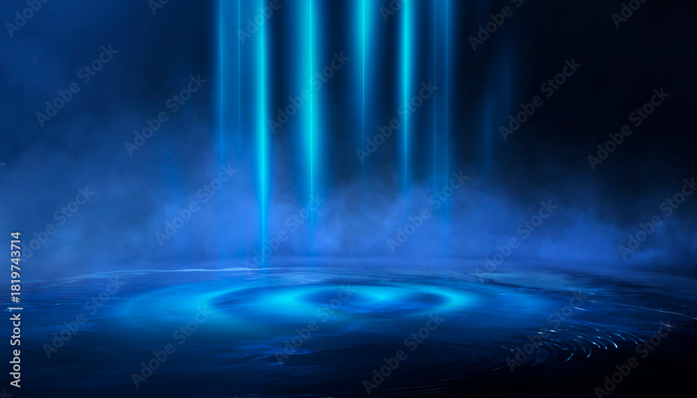 Obraz premium Dark night scene over water, fog over dark ocean water, dark surface, neon light, reflections on the water. Fantasy night water scene.