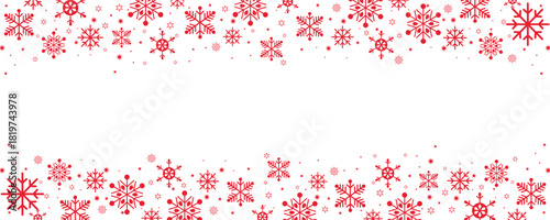 "Horizontal border design featuring a seamless pattern of red snowflakes and stars on a clean white background. This festive header or footer offers copy space in the center, perfect for winter and Ch