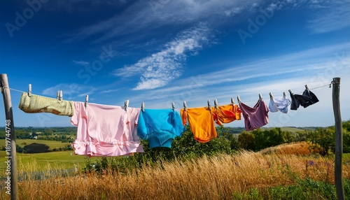 summer breeze laundry drying on a clothesline under a vibrant blue sky