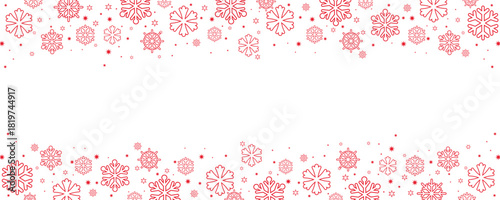 "Horizontal border design featuring a seamless pattern of red snowflakes and stars on a clean white background. This festive header or footer offers copy space in the center, perfect for winter and Ch