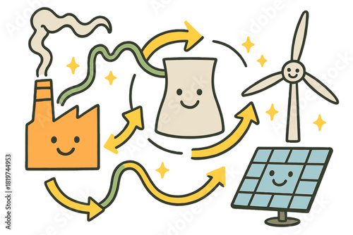 Joyful Energy Schematic. Friendly doodle renewable energy schematic with happy incinerators, cartoon gas collection pipes waving,