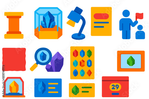 Museum Mineralogy Icons. Flat vector icons of Museum Mineralogy: display pedestal, crystal case, museum spotlight, labeled card,