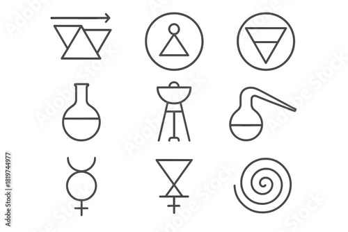 Alchemical Icons Collection. Line style icons of Hermetic Alchemy: Transmutation, Prima Materia, Alchemical Symbol, Flask; Alembic