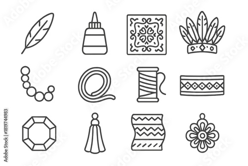 Ceremonial Costume Icons. Line style icons of Ceremonial Costume: Individual Feather, Adhesive, Intricate Design, Headdress; Beads