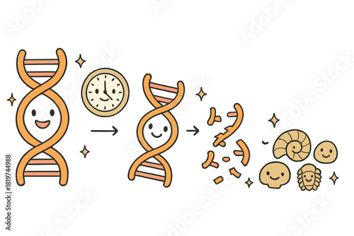 Cheerful DNA Timeline. Cute doodle DNA degradation timeline illustration with cheerful DNA strands, cartoon clocks with faces,