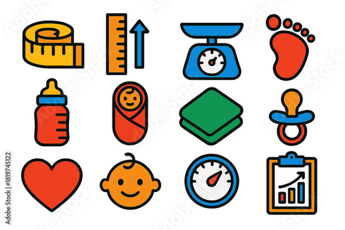Baby Growth Icons. Flat vector icons of Baby Growth Tracking: measuring tape, growth chart, baby scale, tiny footprint, baby