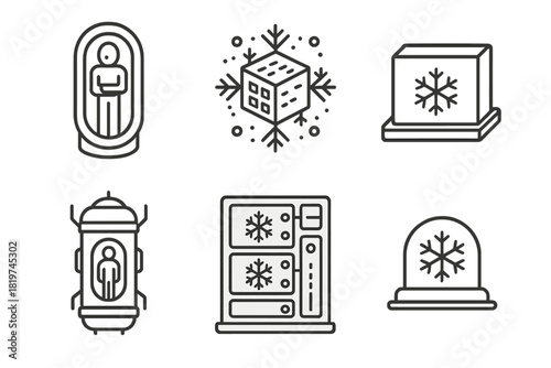 Future Cryotech Icons. Line style icons of Future Cryotech: suspended animation pod, frozen data cube, quantum freezer, space cryo