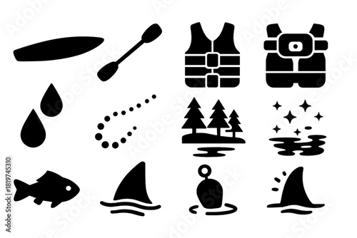 Night Kayaking Icons. Solid style icons of Night kayaking: kayak silhouette, double paddle, life vest, headlamp, water droplets,