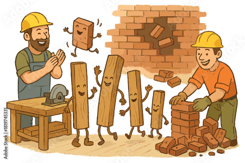 Joyful Reclaimed Workshop. Reclaimed material workshop with happy wooden beams, bricks dancing back into walls, and builders