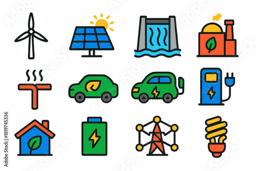 Renewable Energy Icons. Flat vector icons of Renewable Energy: wind turbine, solar panel, hydro dam, biomass plant, geothermal