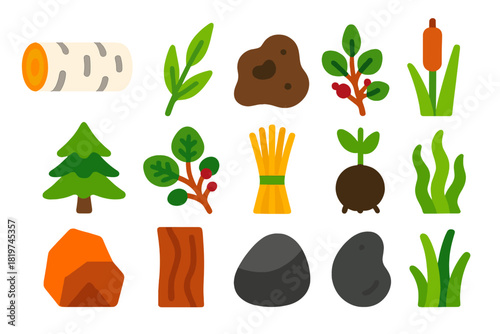 Beaver Construction Icons. Flat vector icons of Beaver Construction Materials: birch log, willow branch, mud clump, cattail stalk,