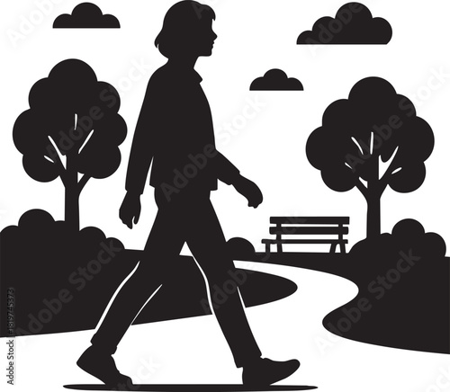 generate clean black and white Person walking in park – walking, park, outdoors, casual – Lifestyle – silhouette vector do not add extra details only black and white 