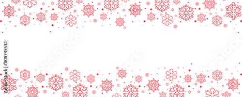 "Horizontal border design featuring a seamless pattern of red snowflakes and stars on a clean white background. This festive header or footer offers copy space in the center, perfect for winter and Ch