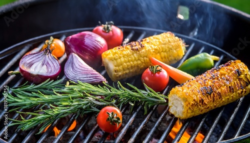 grilling fresh spring vegetables and herbs on a charcoal grill vibrant colors and smoky aromas perfect for spring recipes and seasonal cooking rosemary grilling season