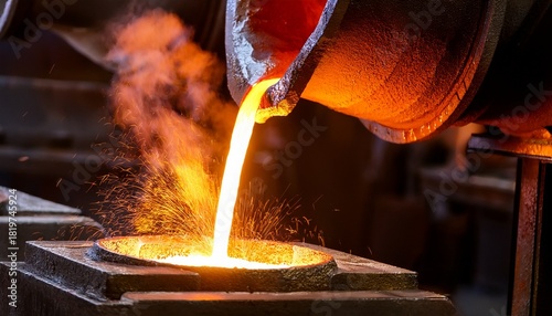 molten metal being poured into a mold at a foundry during a late afternoon casting session
