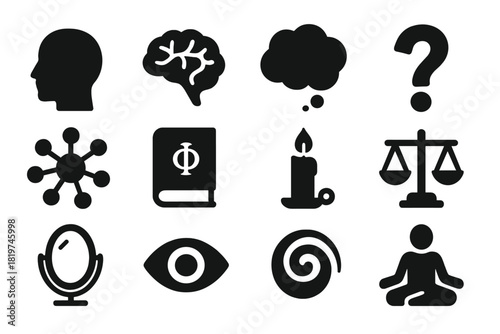 Mind Philosophy Icons. Solid style icons of philosophy of mind: human head silhouette, abstract brain, thought bubble, question