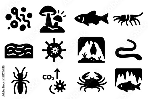 Extremophiles in Caves Icons. Solid style icons of extremophiles in caves: microbial colony, glowing fungus, blind fish, cave