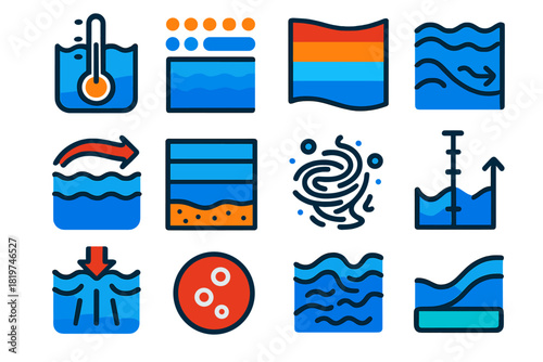 Ocean Sound Factors Icons. Flat vector icons of ocean environmental factors affecting sound: temperature layer, salinity gradient,