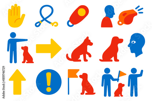 Dog Training Icons. Flat vector icons of handler-dog signaling: hand gesture, leash icon, clicker, whistle, body posture, command