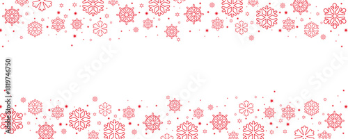 "Horizontal border design featuring a seamless pattern of red snowflakes and stars on a clean white background. This festive header or footer offers copy space in the center, perfect for winter and Ch