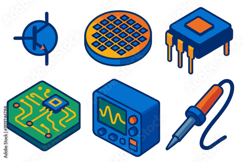 Transistor Revolution Icons. Isometric vector illustration set The Transistor Revolution: transistor symbol, silicon wafer,